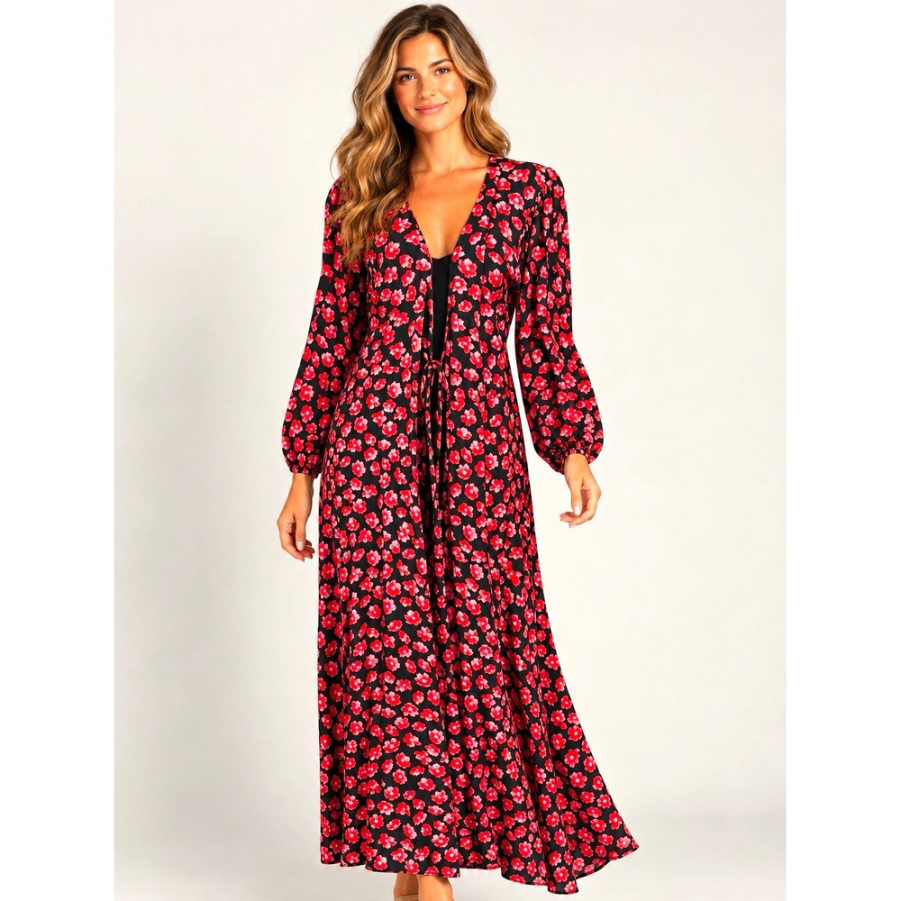 GANNI Lindale Floral Crepe Wrap Maxi Dress Black Red EU 34 US 2 XS Oversized